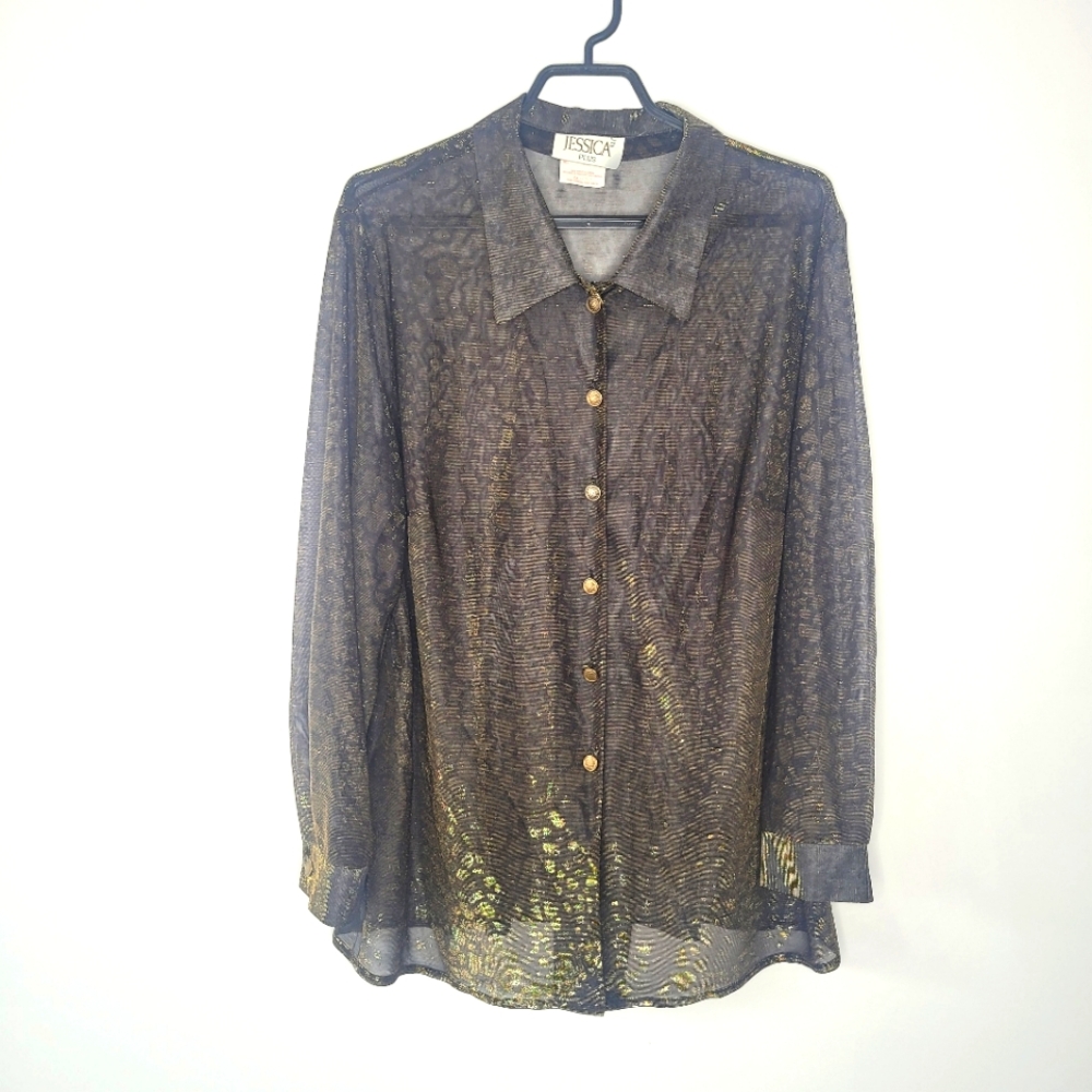 Vintage 80's sheer metallic gold button down shirt with cheetah print size 2X